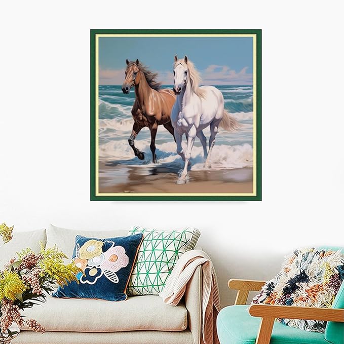 Foxdiviy Stamped Cross Stitch Kits Full Range of Embroidery Needlework Starter Kits for Beginners Adults 11CT Embroidery Patterns Art Crafts DIY Needlepoint Kits-Seaside Steed 18x18 inch