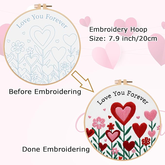 Nuberlic Valentine Embroidery Kit for Beginners - Heart Floral Design Adults Starter Cross Stitch Kit DIY Needlepoint with Hoop, Pre-Printed Fabric, Threads & Step-by-Step Guide