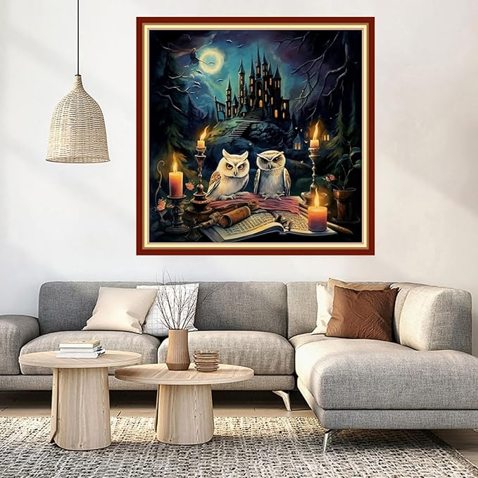 DMCVIVR Stamped Cross Stitch Kits for Beginners Adults Needlepoint Kits for Beginners Embroidery Kits for Adults Crossstitch Kit for Beginners 11CT-Owl Castle 18x18 inch