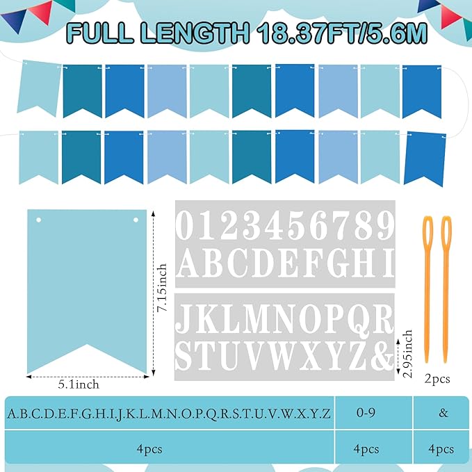 Mooliwe 171 Pcs DIY Custom Banner Kit Make Your Own Customizable Sign for Birthday Wedding Party Decoration Include 20 Paper Pennant 148 Letters and Numbers 1 Rope 2 Threading Device(Blue Series)