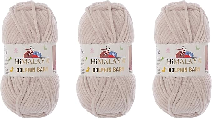 3 Skein/Pack Himalaya Dolphin Baby Chenille Yarn, Each Ball 100 gr (3.5 oz), 120 m (132 Yards), 100% Polyester, Super Bulky Baby Blanket Velvet Amigurumi Yarn, 80342 - Light Beige