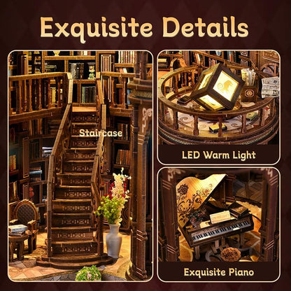 Dreamy Book Hall DIY Book Nook Kit for Adults - Wooden Bookshelf 3D Book Nook Miniature Kit with LED Lights, Puzzle Library Decor for Book Lovers, Dust Proof Display, Tiny Elegant Bookshelf - Image 6