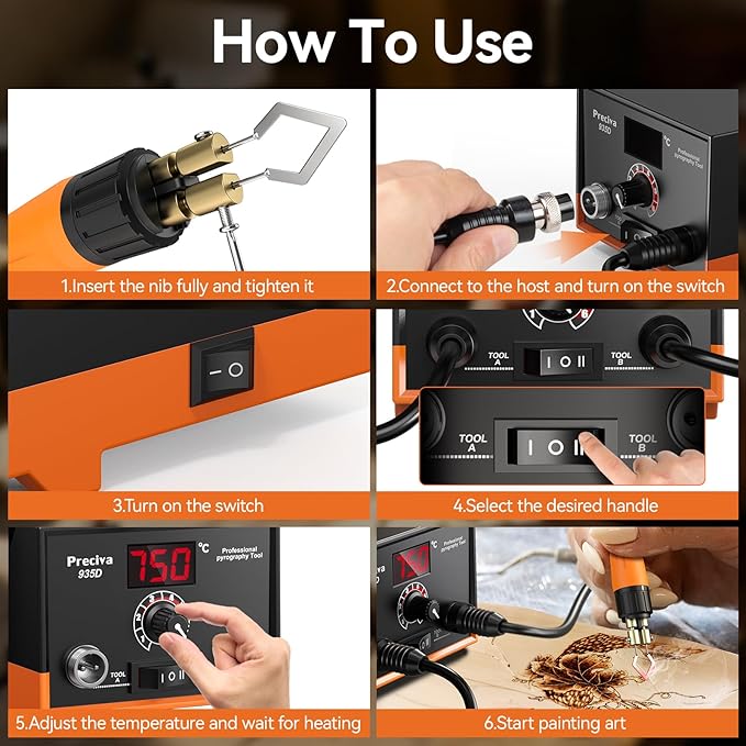 Preciva 935D Wood Burning Kit, Adjustable Temperature Wood Burner Tool with Dual Pens, Dual-Barrel Holder,Digital Display, 20 Interchangeable Wood Burner Tips & 20 Wooden Blocks for Pyrography Art