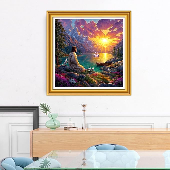 Foxhool Stamped Cross Stitch Kits,11CT Printed Cross Stitch Pattern Full Embroidery Kits for Beginner Needlepoint Kits&Sunrise Jesus Prayer 18x18 inch