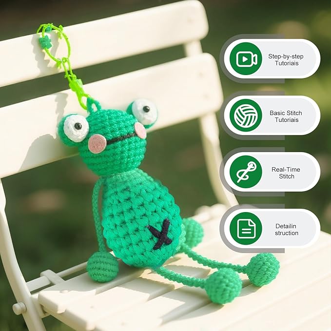 minimal beee Beginner Crochet Kit for Frog Keychain- Complete DIY Animal Craft Set with Easy Peasy Yarn and Step-by-Step Video Tutorial.Gift Hobby for Adults