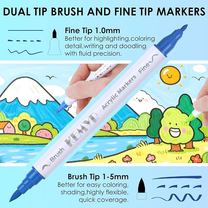 KEMYR 120 Colors Brush & Fine Tip Acrylic Paint Pens, Dual Tip Acrylic Paint Markers for Paper, Wood, Canvas, Stone, Rock, Glass, Fabric, DIY, Ceramic, Art Supplies for Adults Drawing