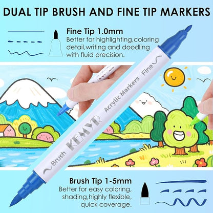 KEMYR 120 Colors Brush & Fine Tip Acrylic Paint Pens, Dual Tip Acrylic Paint Markers for Paper, Wood, Canvas, Stone, Rock, Glass, Fabric, DIY, Ceramic, Art Supplies for Adults Drawing