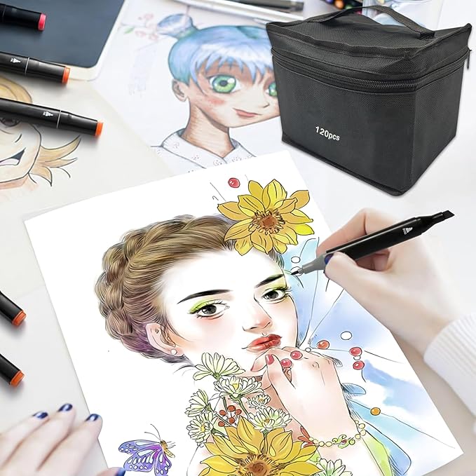 Cautyfky 120 Colors Dual Tip Alcohol Markers, Dual Tips Art Markers, Permanent Sketch Marker Set for Adults Coloring, Painting, Sketching, Illustrations