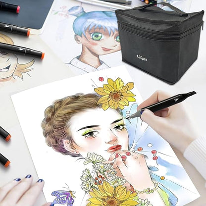 Cautyfky 120 Colors Dual Tip Alcohol Markers, Dual Tips Art Markers, Permanent Sketch Marker Set for Adults Coloring, Painting, Sketching, Illustrations