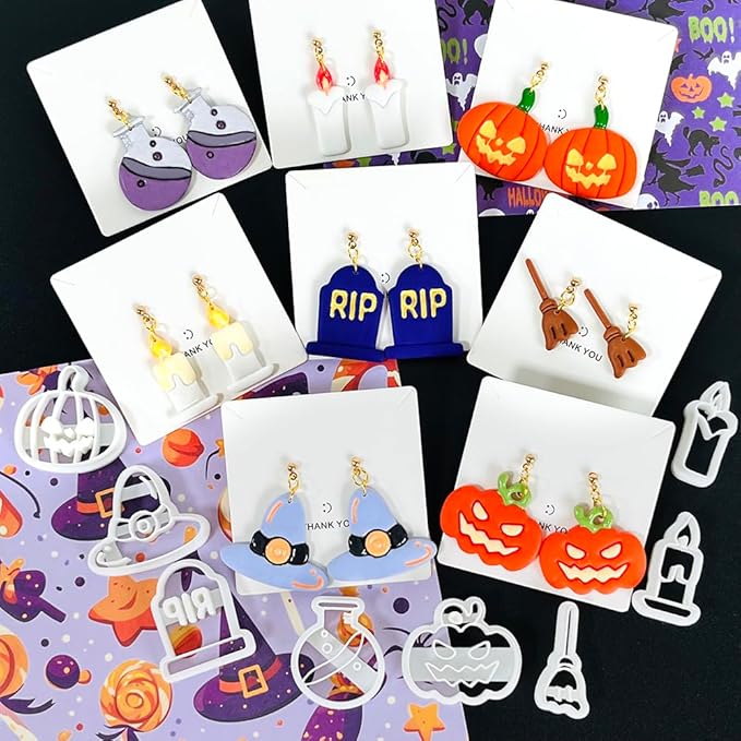 Xaekicr Halloween Polymer Clay Cutters Set – 8pcs Halloween Clay Cutters for Polymer Clay Jewelry, Clay Earring Cutters and Molds – Pumpkin, Tombstone, Witch Hat Clay Tools for DIY Crafts