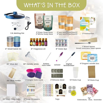 PIUH 2-in-1 Candle & Soap Making Kit for Beginners, All in one Complete DIY Craft Kit to Make Handcrafted Soap Bars + Scented Candles with Melting Pot, Wax, Soap Base, Molds, Fragrance Oils and Dyes