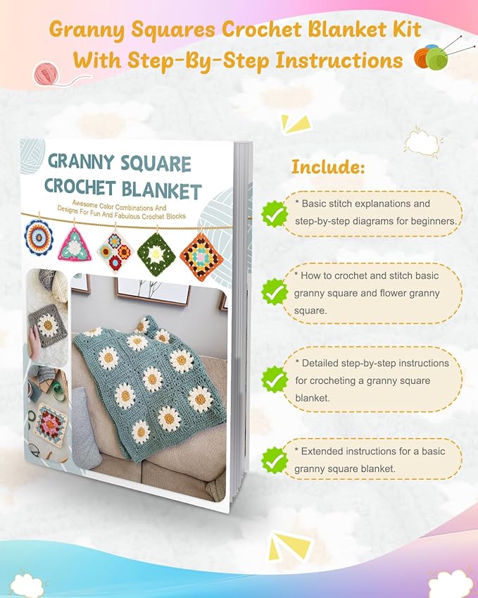 Coopay Crochet Starter Kit - Beginner's Blanket & Granny Squares Pattern, Includes Yarn & Instructions - Easy to Learn for Adults (Blue-Purple)