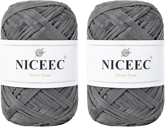 NICEEC 2 Skeins Soft Tape Yarn, Easy Crohcet Raffia, Crochet & Knitting, Paper Ribbon Yarn for DIY Craft Gift Wrapping Total Length 1.76oz×2/109yds×2 - Dark Gray