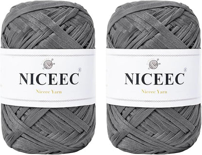 NICEEC 2 Skeins Soft Tape Yarn, Easy Crohcet Raffia, Crochet & Knitting, Paper Ribbon Yarn for DIY Craft Gift Wrapping Total Length 1.76oz×2/109yds×2 - Dark Gray