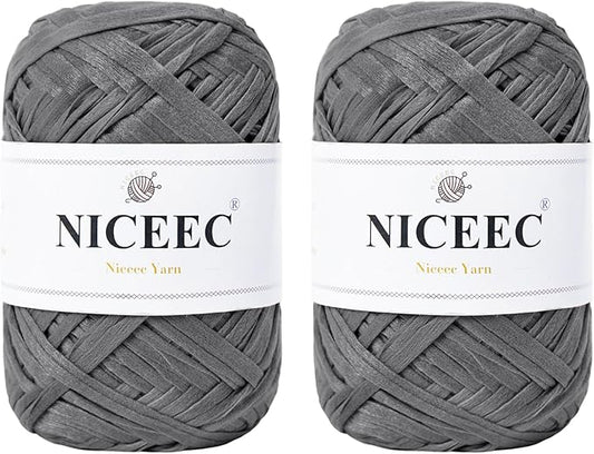 NICEEC 2 Skeins Soft Tape Yarn, Easy Crohcet Raffia, Crochet & Knitting, Paper Ribbon Yarn for DIY Craft Gift Wrapping Total Length 1.76oz×2/109yds×2 - Dark Gray