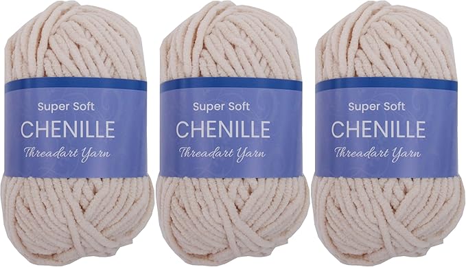 Threadart 3 Pack Super Soft Chenille Yarn for Crocheting, Knitting, Amigurumi, 50 Gram 60 yds #5 Fluffy Yarn Skeins - Beige