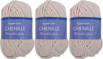 Threadart 3 Pack Super Soft Chenille Yarn for Crocheting, Knitting, Amigurumi, 50 Gram 60 yds #5 Fluffy Yarn Skeins - Beige