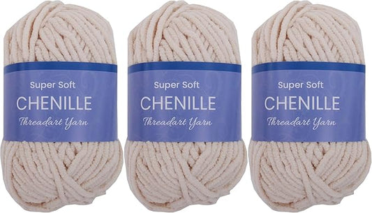 Threadart 3 Pack Super Soft Chenille Yarn for Crocheting, Knitting, Amigurumi, 50 Gram 60 yds #5 Fluffy Yarn Skeins - Beige
