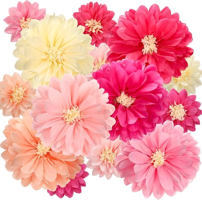 Watersay 12 Pcs 10" 20" Giant Mexican Fiesta Paper Flowers Colorful Tissue Crepe Flowers Pom Poms Craft for Floral Party Backdrop Wedding Birthday Party (Pink Color)