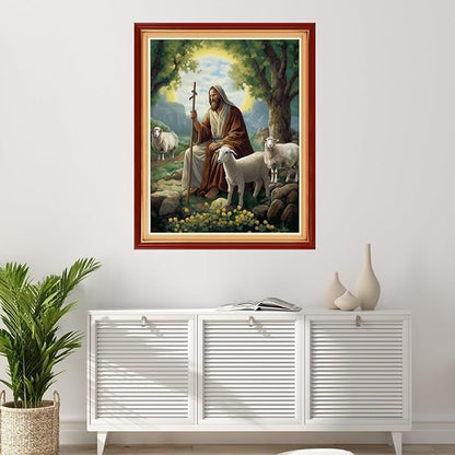 Foxhool Stamped Cross Stitch Kits,11CT Printed Cross Stitch Pattern Full Embroidery Kits for Beginner Needlepoint Kits-Jesus Shepherd 16x20 inchs
