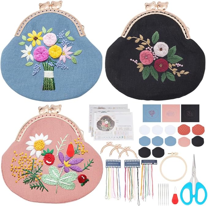 PLIGREAT Embroidery Coin Purse Kit for Adults Beginners Stamped Cross Stitch Kits Vintage Floral Handmade DIY Embroidered Clutch Starter Kit with Complete Tool Instructions Hand Embroidery Kit