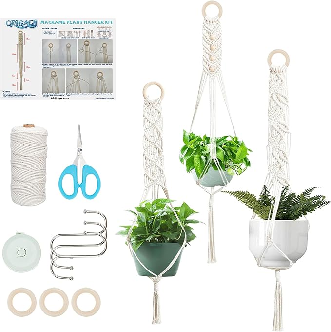 ORIGACH 3 Set DIY Macrame Plant Hanger Kit for Beginner, Boho Macrame Hanging Plant Holders with Macrame Cord, Wooden Rings, S Hooks & Instructions for Adult Beginner