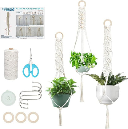 ORIGACH 3 Set DIY Macrame Plant Hanger Kit for Beginner, Boho Macrame Hanging Plant Holders with Macrame Cord, Wooden Rings, S Hooks & Instructions for Adult Beginner