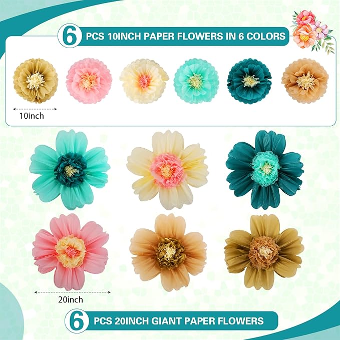 Crowye 12 Pcs Large Colorful Tissue Paper Flowers Decorations 20" Giant Fiesta Craft Crepe Paper Flowers for Wall Decor Backdrop Mexican Wedding Birthday Carnival Party (Stylish Color)