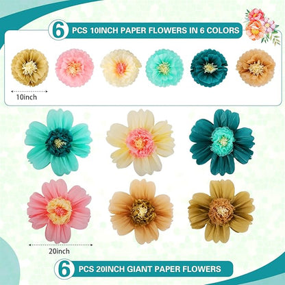 Crowye 12 Pcs Large Colorful Tissue Paper Flowers Decorations 20" Giant Fiesta Craft Crepe Paper Flowers for Wall Decor Backdrop Mexican Wedding Birthday Carnival Party (Stylish Color)