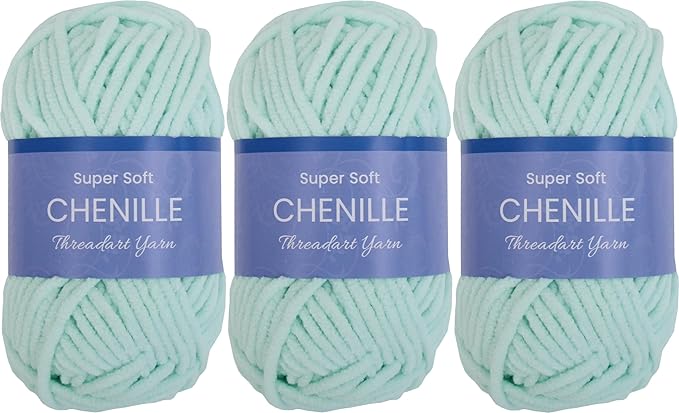 3 Pack ThreadArt Chenille Yarn for Crocheting, Knitting, Amigurumi, Super Soft Plush Velvet Yarn - 50 Gram 60 yds #5 Fluffy Yarn Skeins - Pale Aqua 25