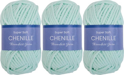 3 Pack ThreadArt Chenille Yarn for Crocheting, Knitting, Amigurumi, Super Soft Plush Velvet Yarn - 50 Gram 60 yds #5 Fluffy Yarn Skeins - Pale Aqua 25