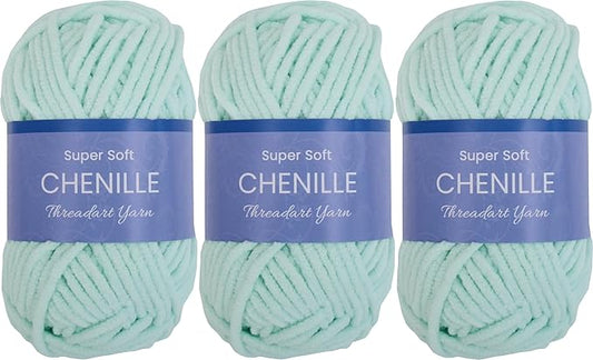 3 Pack ThreadArt Chenille Yarn for Crocheting, Knitting, Amigurumi, Super Soft Plush Velvet Yarn - 50 Gram 60 yds #5 Fluffy Yarn Skeins - Pale Aqua 25