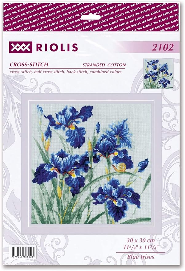 RIOLIS - Blue Irises 2102, Cross Stitch Kits 11¾" x 11¾", Cross Stitch Kits for Adults, Floral Counted Cross Stitch Kits, Embroidery Kit for Beginners & Advanced, Crossstitching Kits