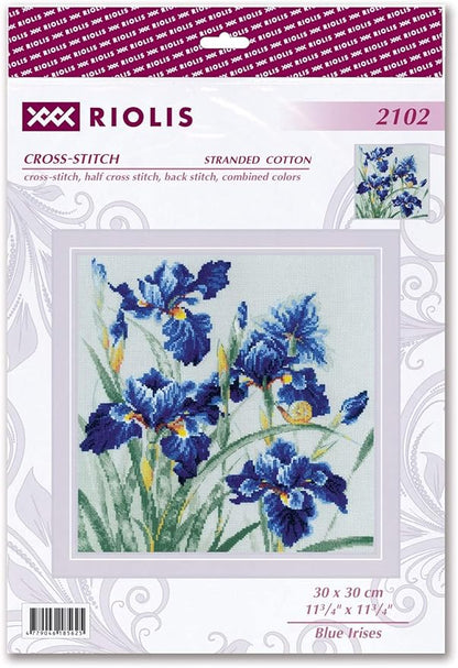 RIOLIS - Blue Irises 2102, Cross Stitch Kits 11¾" x 11¾", Cross Stitch Kits for Adults, Floral Counted Cross Stitch Kits, Embroidery Kit for Beginners & Advanced, Crossstitching Kits