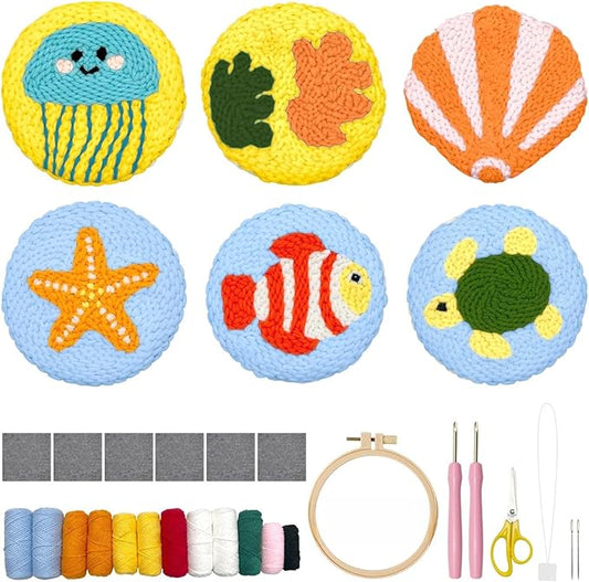 Punch Needle Coaster Kit for Adults Beginners, Easy Punch Embroidery Starter Set with Instructions – Fun Mug Rug Making Kit for Table Decor & Festival DIY Gifts (6pcs Marine Life)