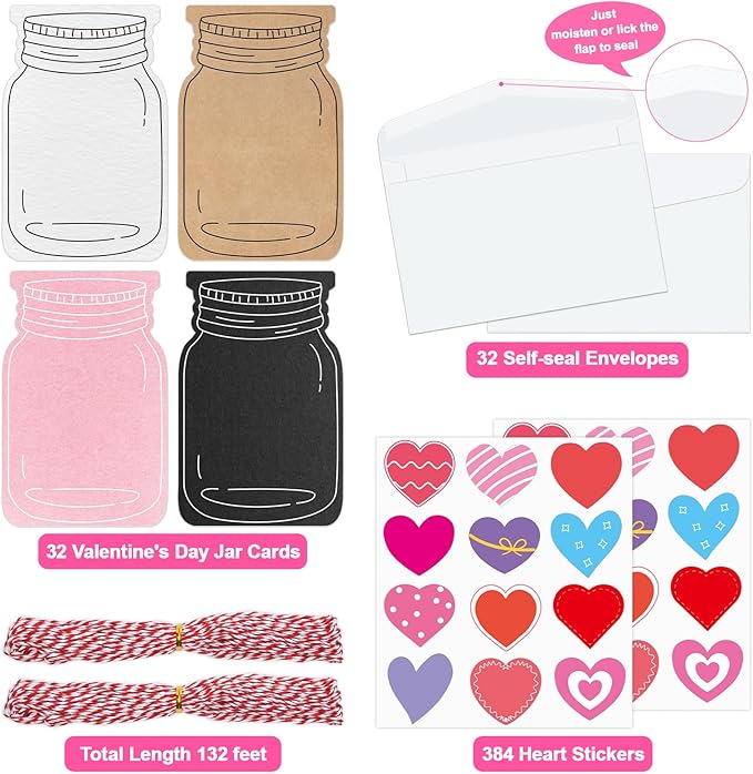 32 Sets Valentine's Day Love Jar Craft Kit DIY Paper Heart in Jar Note Cards and Envelopes Love Hearts Stickers for Valentine's Day Greeting Classroom Activity