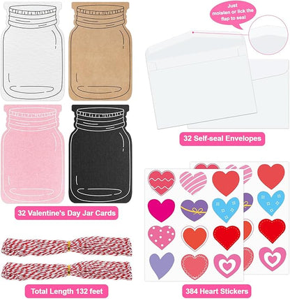 32 Sets Valentine's Day Love Jar Craft Kit DIY Paper Heart in Jar Note Cards and Envelopes Love Hearts Stickers for Valentine's Day Greeting Classroom Activity