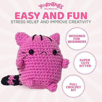 YarnTales DIY Pink Kitten Crochet Kit - Beginner Craft Kit with All Included Supplies & Video Tutorials - Great Christmas, Xmas & Hanukkah Gift or Stocking Stuffer for Teens & Adults