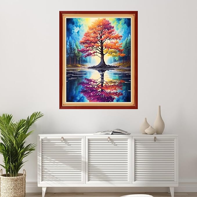 Foxhool Stamped Cross Stitch Kits,11CT Printed Cross Stitch Pattern Full Embroidery Kits for Beginner Needlepoint Kits-Reflection Tree 16x20 inchs