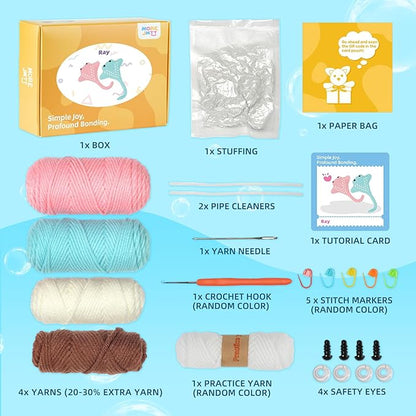 MOREJMTT Crochet Kit for Beginners, Crochet Animal Kits,Crocheting Kit for Starters with Step-by-Step Video Tutorials, Beginner Crochet Kits for Adults(2pack Ray Fish)