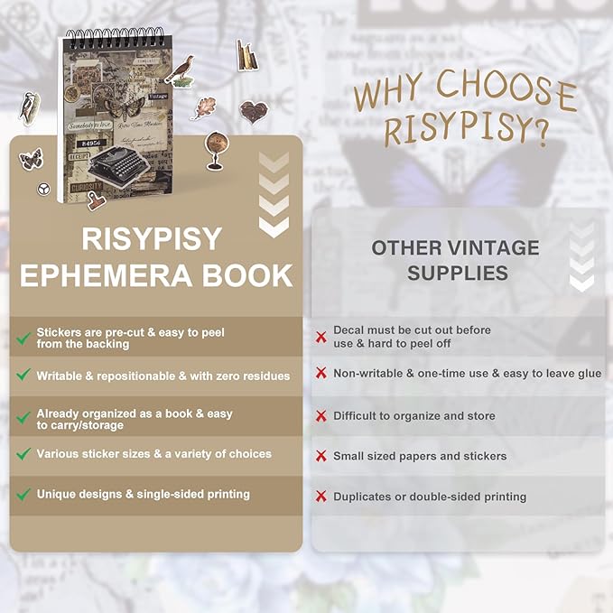 RISYPISY Pre-Cut Vintage Sticker for Journaling, 595PCS - 50 Sheets Washi Brown Scrapbooking Stickers, Ephemera for Junk Journal Supplies DIY Crafts Dark Academia Stickers for Adults