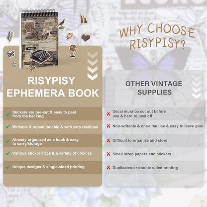 RISYPISY Pre-Cut Vintage Sticker for Journaling, 595PCS - 50 Sheets Washi Brown Scrapbooking Stickers, Ephemera for Junk Journal Supplies DIY Crafts Dark Academia Stickers for Adults