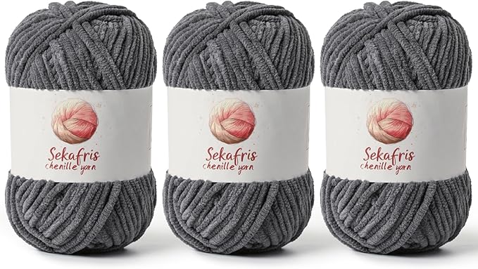 3 Pack Dark Gray Chunky Chenille Yarn for Crocheting, Bulky Velvet Yarns for Crochet, Baby Yarn for Crocheting Soft Blanket, 393 yds/10.5 oz Fluffy Amigurumi Crochet Yarn