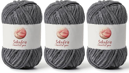 3 Pack Dark Gray Chunky Chenille Yarn for Crocheting, Bulky Velvet Yarns for Crochet, Baby Yarn for Crocheting Soft Blanket, 393 yds/10.5 oz Fluffy Amigurumi Crochet Yarn