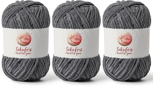 3 Pack Dark Gray Chunky Chenille Yarn for Crocheting, Bulky Velvet Yarns for Crochet, Baby Yarn for Crocheting Soft Blanket, 393 yds/10.5 oz Fluffy Amigurumi Crochet Yarn