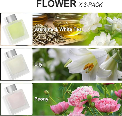 Aeeteek 3-Pack Reed Diffuser, Jasmine White Tea/Lily/Peony Scented Oil, Flower Aroma Essential Oil with Diffuser Sticks, Long Lasting Bathroom Air Freshener, Home Fragrance for Room Decor