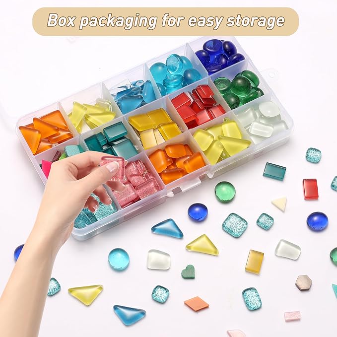 Breelytic 350pcs Mosaic Tiles for Crafts Mixed Colors and Irregular Shapes, Glass Mosaic Kits with Storage Box Stained Glass Pieces for Adults for DIY Art Crafts, Home Decoration