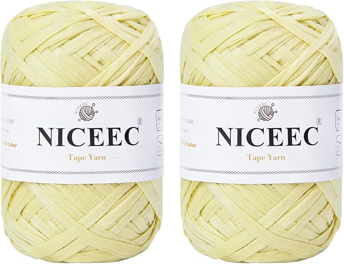 NICEEC 2 Skeins Soft Tape Yarn, Easy Crohcet Raffia, Crochet & Knitting, Paper Ribbon Yarn for DIY Craft Gift Wrapping Total Length 1.76oz×2/109yds×2 - Pale Yellow