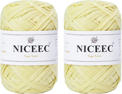 NICEEC 2 Skeins Soft Tape Yarn, Easy Crohcet Raffia, Crochet & Knitting, Paper Ribbon Yarn for DIY Craft Gift Wrapping Total Length 1.76oz×2/109yds×2 - Pale Yellow