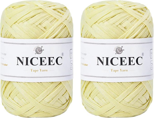 NICEEC 2 Skeins Soft Tape Yarn, Easy Crohcet Raffia, Crochet & Knitting, Paper Ribbon Yarn for DIY Craft Gift Wrapping Total Length 1.76oz×2/109yds×2 - Pale Yellow